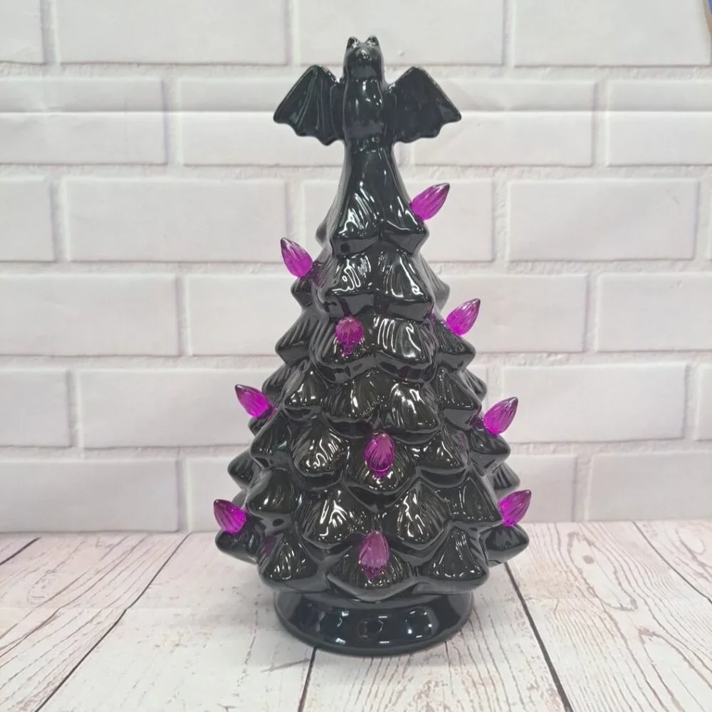 Halloween Lighted Black Tree Purple Lights Bat Tree Topper Ceramic  9” Tall, NEW